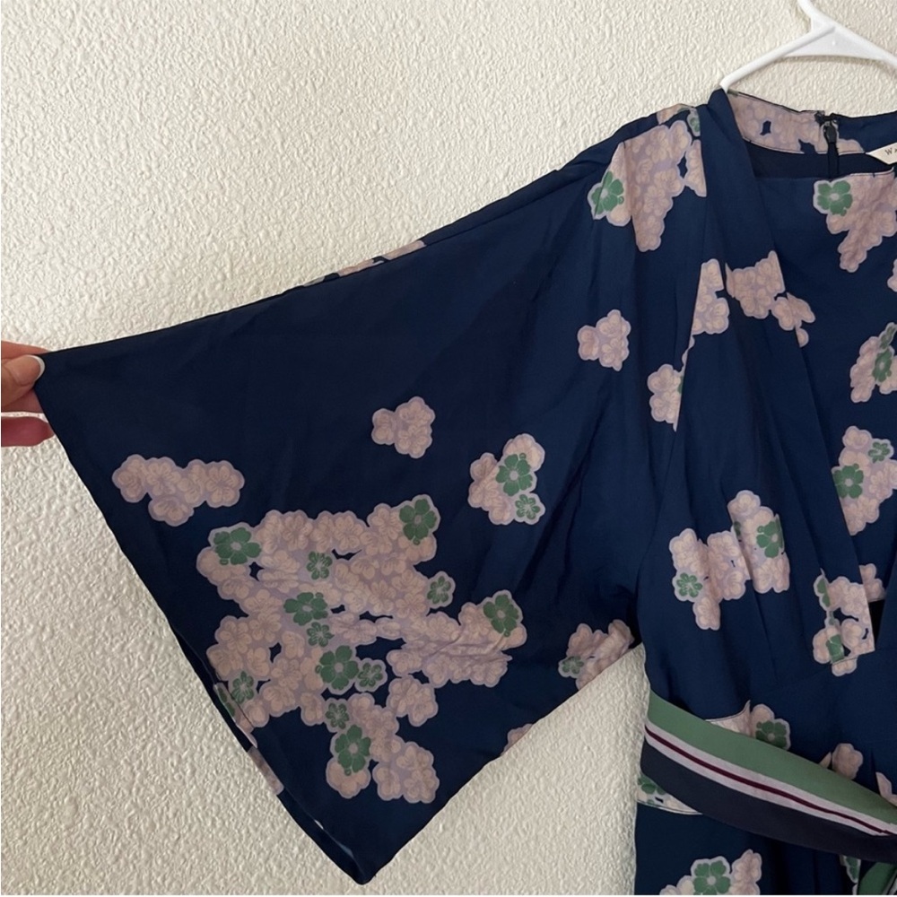 eshakti Navy Floral Maxi Dress with Green-Accent Waist Tie - Picture 3 of 3